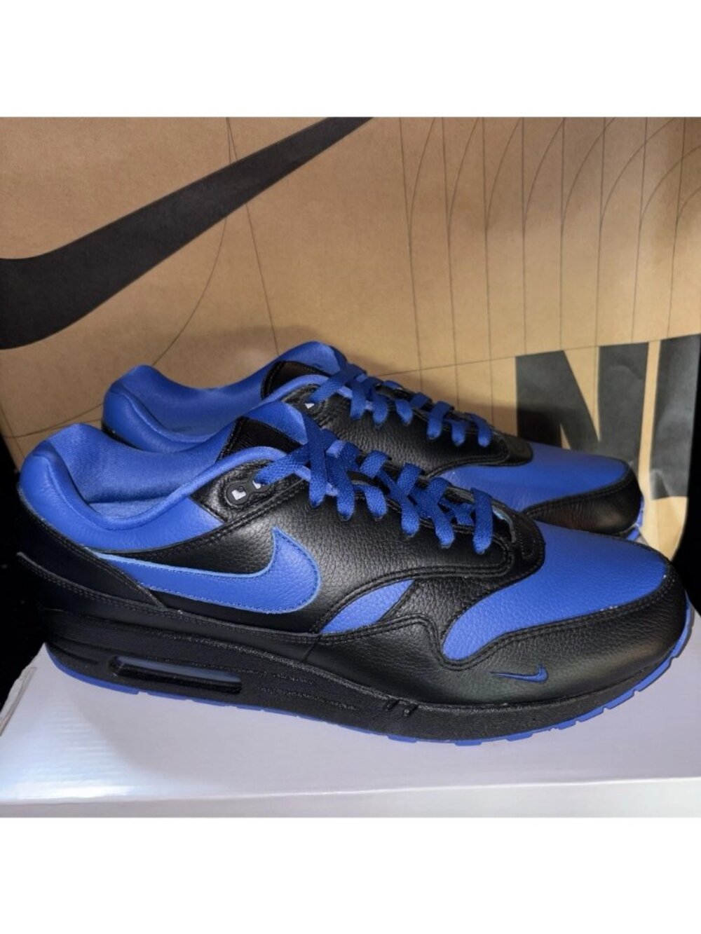 NEW Nike By You Air Max 1 Leather Black Royal Blue HQ3714-900 Men's Size 13